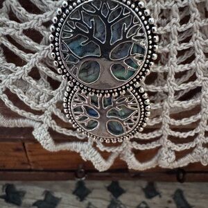 Tree of Life Silver Drop Earrings with Iridescent Inlay